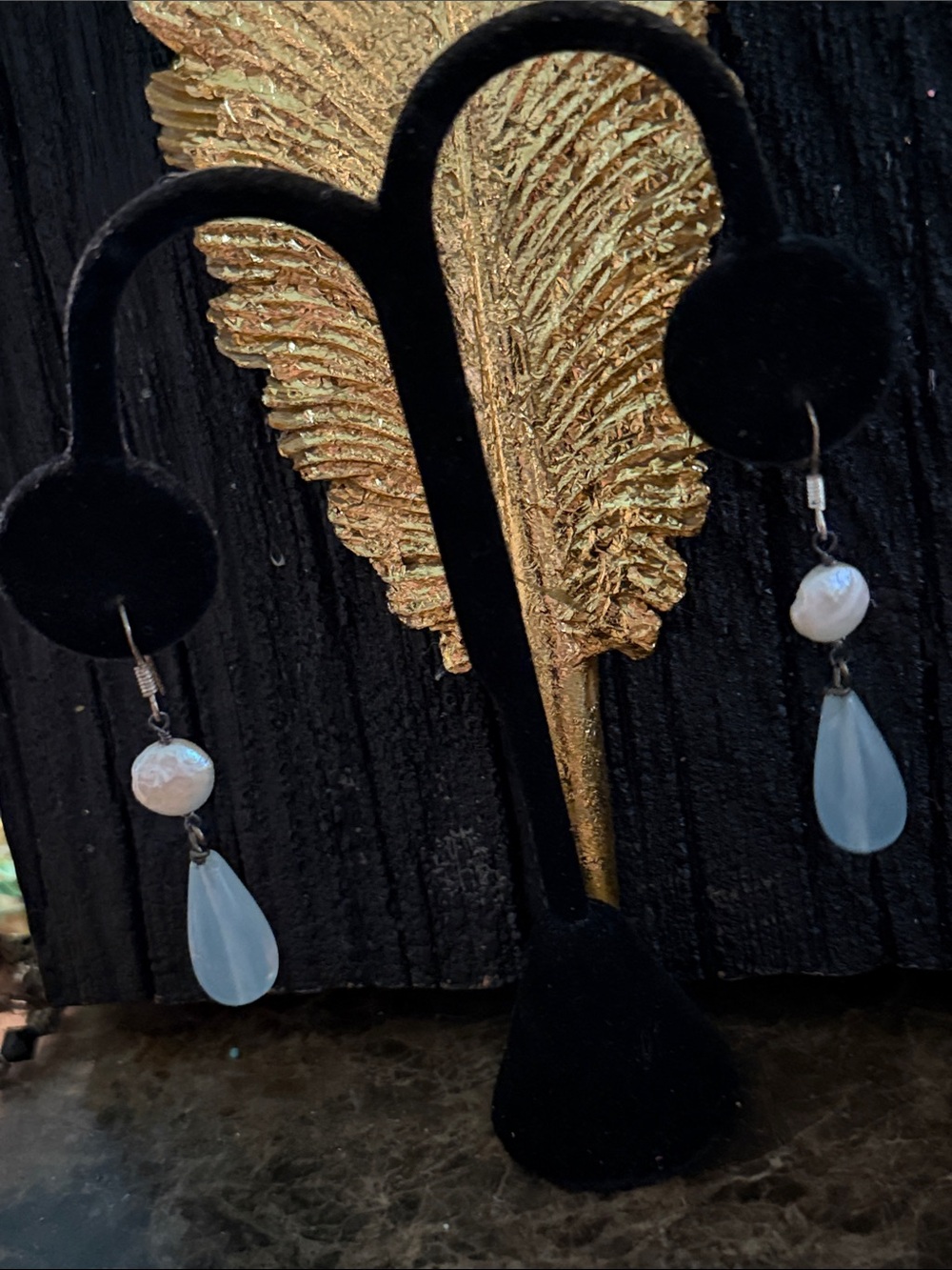 Blue topaz white fresh water coin pearls sterling silver wires pierced earrings